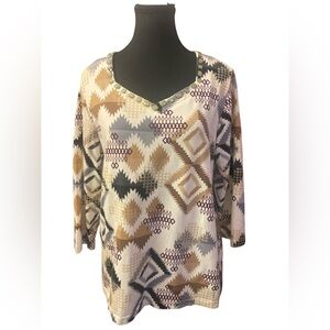 Alfred Dunner Geometric Patterned V-Neck Top GUC M